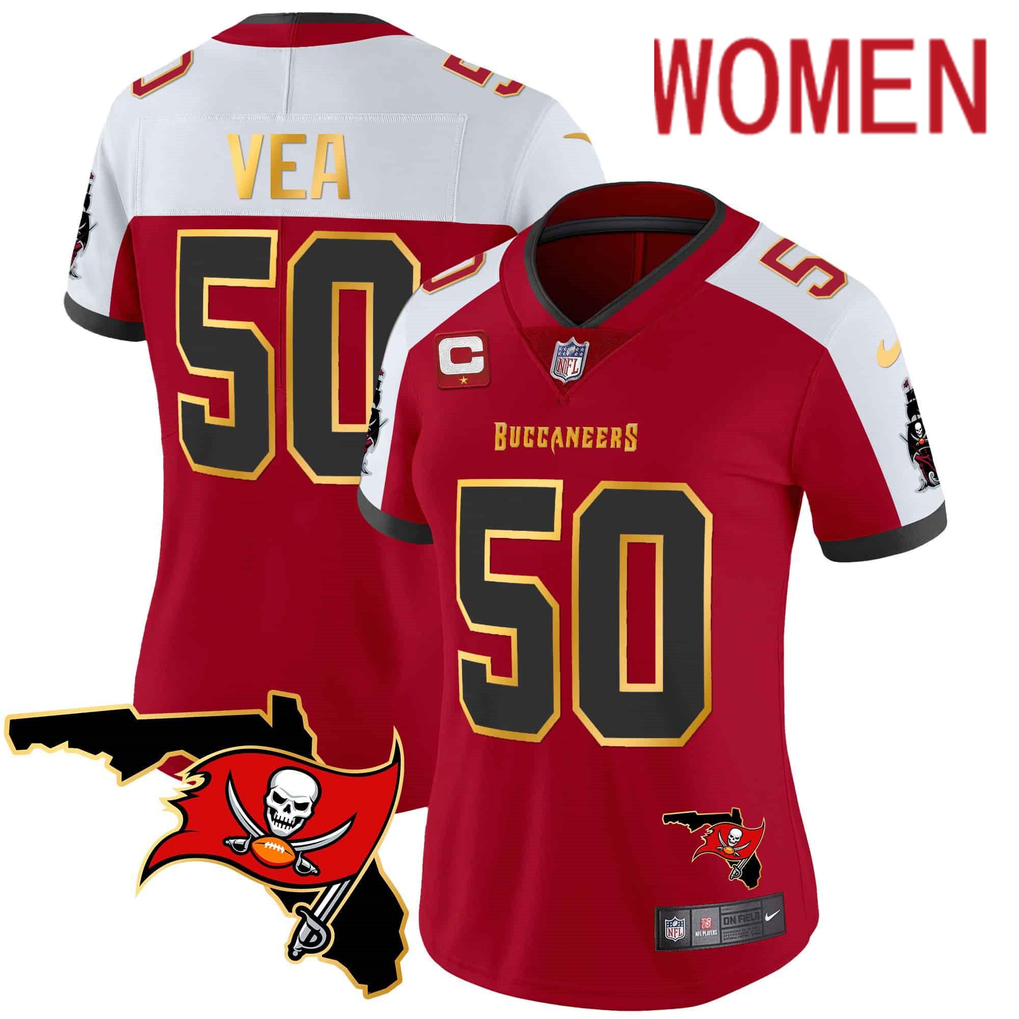 Women Tampa Bay Buccaneers 50 Vea Red 2024 Nike Florida Patch Gold Trim Vapor NFL Jersey